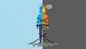 차가운 파란색과 뜨거운 주황색으로 나뉘어 있고 사슬에 묶인 채 머리 위로 말풍선이 떠 있는 사람