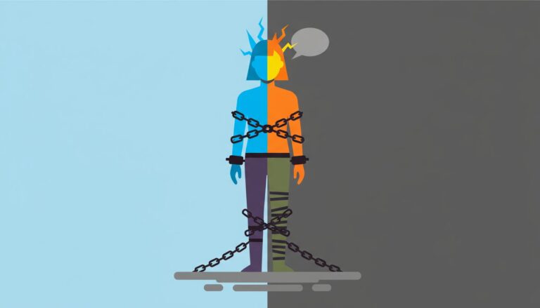 차가운 파란색과 뜨거운 주황색으로 나뉘어 있고 사슬에 묶인 채 머리 위로 말풍선이 떠 있는 사람