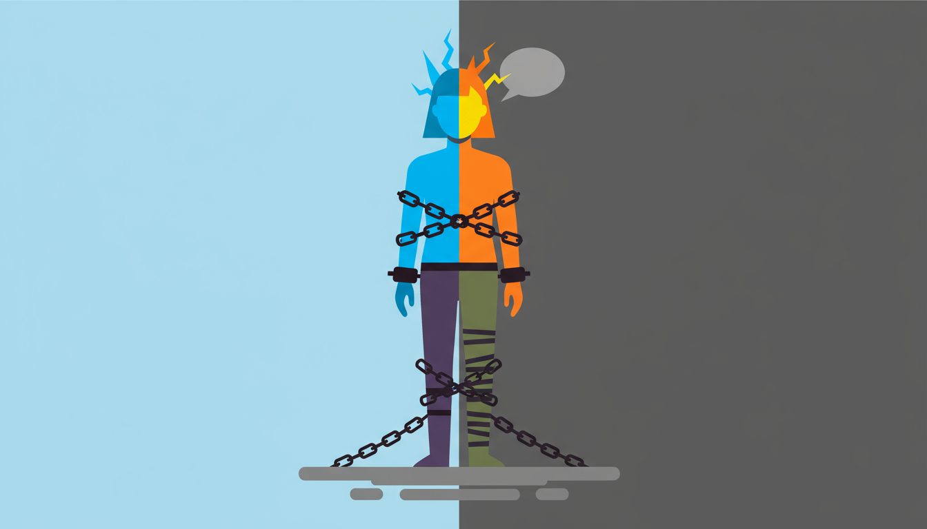 차가운 파란색과 뜨거운 주황색으로 나뉘어 있고 사슬에 묶인 채 머리 위로 말풍선이 떠 있는 사람