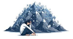 정보의 산더미에 둘러싸여 머리를 감싸고 좌절하고 있는 사람