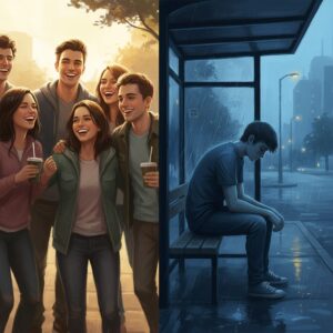 이미지의 왼쪽에는 햇살 아래 웃으며 즐거워하는 친구들 무리가, 오른쪽에는 비 오는 밤 홀로 버스 정류장에 앉아 있는 외로운 남성의 모습이 대비되는 분할 이미지