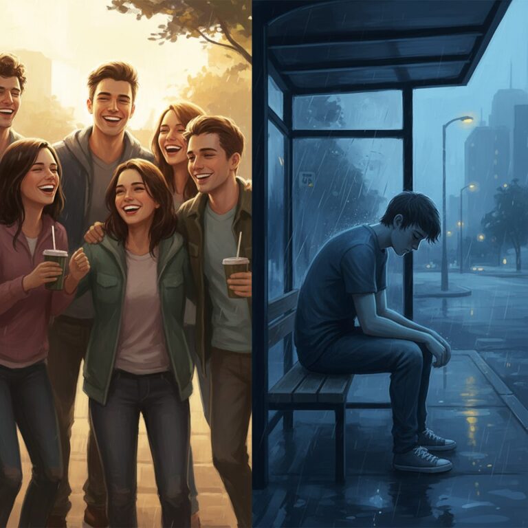 가족이라도 힘들 때 건강한 경계를 설정하는 방법 3 이미지의 왼쪽에는 햇살 아래 웃으며 즐거워하는 친구들 무리가, 오른쪽에는 비 오는 밤 홀로 버스 정류장에 앉아 있는 외로운 남성의 모습이 대비되는 분할 이미지