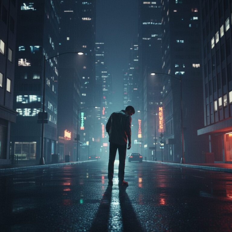 비 오는 밤, 어두운 도시의 거리 한가운데에 홀로 서서 고개를 숙인 남성의 뒷모습