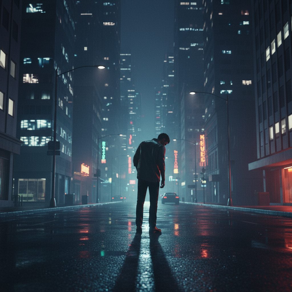 비 오는 밤, 어두운 도시의 거리 한가운데에 홀로 서서 고개를 숙인 남성의 뒷모습