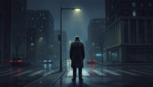 비 오는 밤, 도시 거리의 횡단보도에 서서 등을 보이고 있는 한 남자의 뒷모습