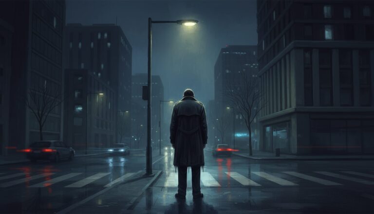 열정 소진 증후군 예전의 나로 돌아갈 수 있을까? 3 비 오는 밤, 도시 거리의 횡단보도에 서서 등을 보이고 있는 한 남자의 뒷모습