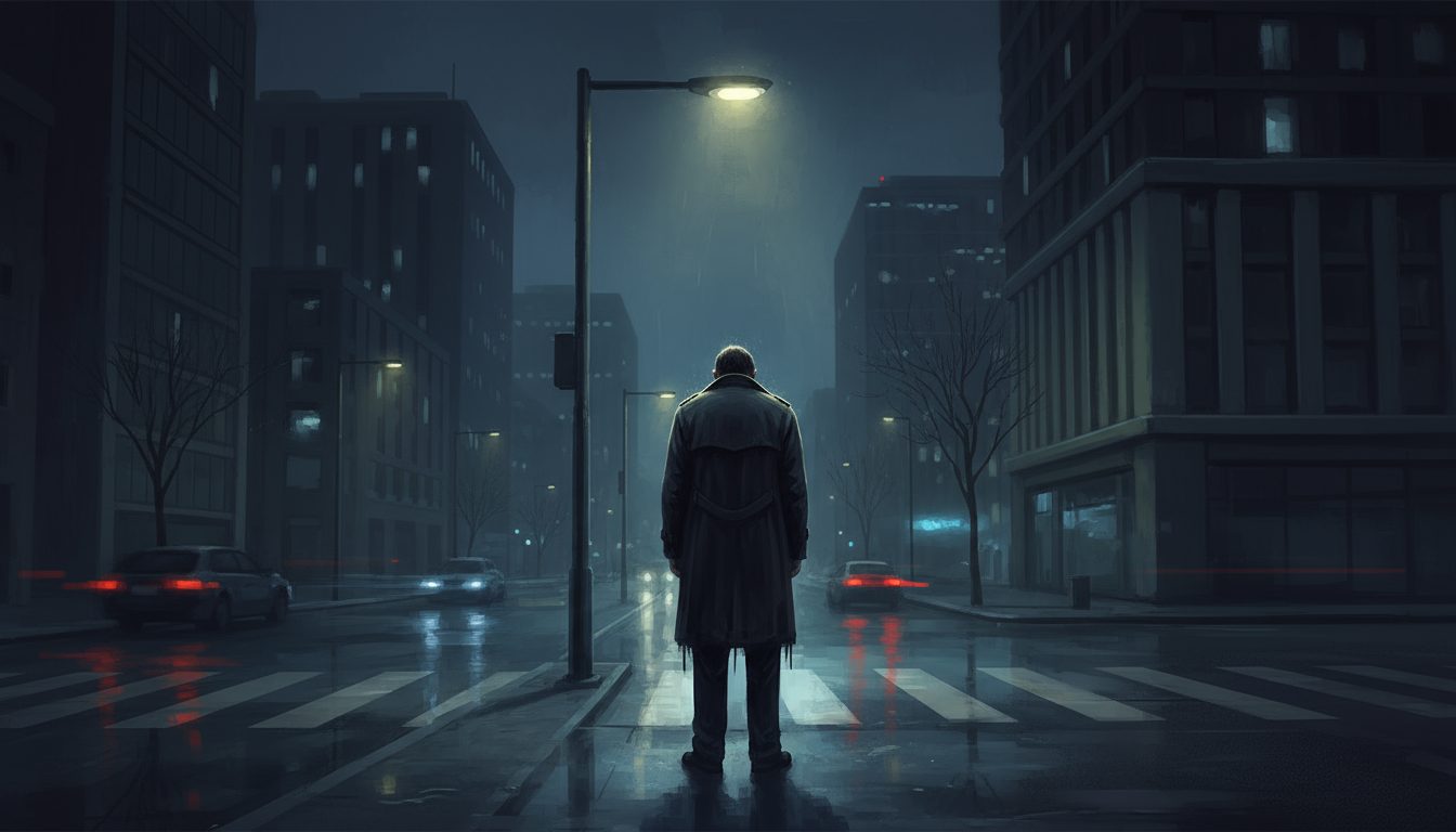 비 오는 밤, 도시 거리의 횡단보도에 서서 등을 보이고 있는 한 남자의 뒷모습