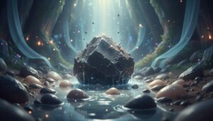 신비로운 숲속 동굴에서 물이 솟아나는 거대한 마법의 돌