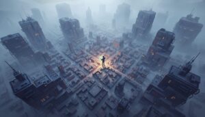 안개가 자욱한 거대 도시 위를 부유하며 빛나는 지도를 들여다보는 한 사람의 SF 일러스트