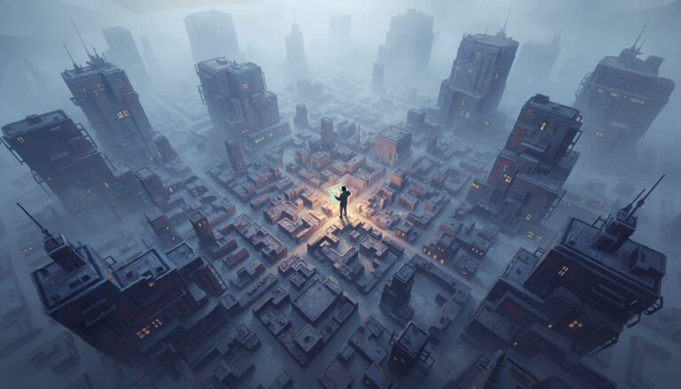 모든 사람에게 좋은 사람이 될 수 없다는 사실 받아들이기 5 안개가 자욱한 거대 도시 위를 부유하며 빛나는 지도를 들여다보는 한 사람의 SF 일러스트