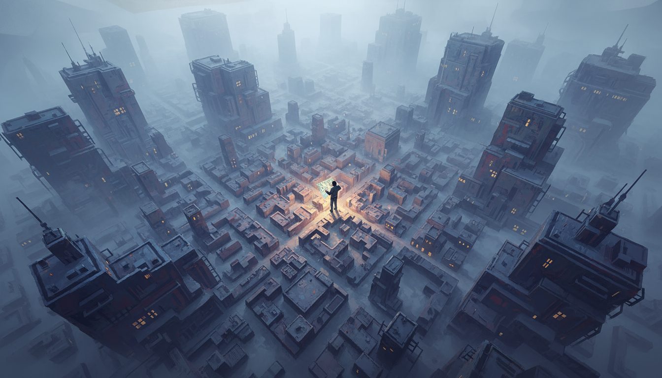 안개가 자욱한 거대 도시 위를 부유하며 빛나는 지도를 들여다보는 한 사람의 SF 일러스트