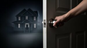 어두운 방에서 문을 열자 유령처럼 흐릿한 집이 보이는 모습