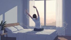 창문으로 햇살이 들어오는 방 침대 위에서 기지개를 켜며 아침을 맞이하는 사람