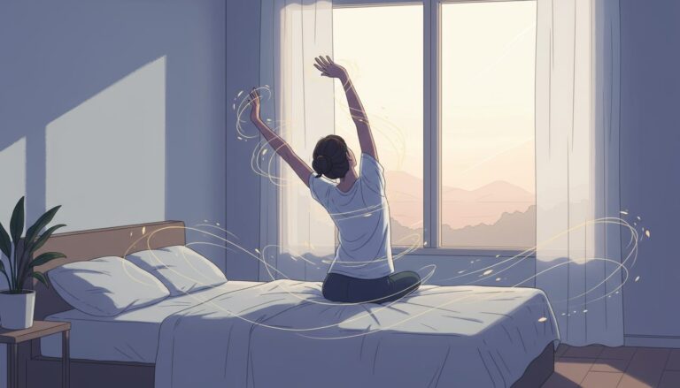 창문으로 햇살이 들어오는 방 침대 위에서 기지개를 켜며 아침을 맞이하는 사람