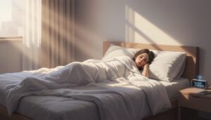 창문으로 햇빛이 쏟아지는 아침, 침대 위에서 편안하게 잠든 여성