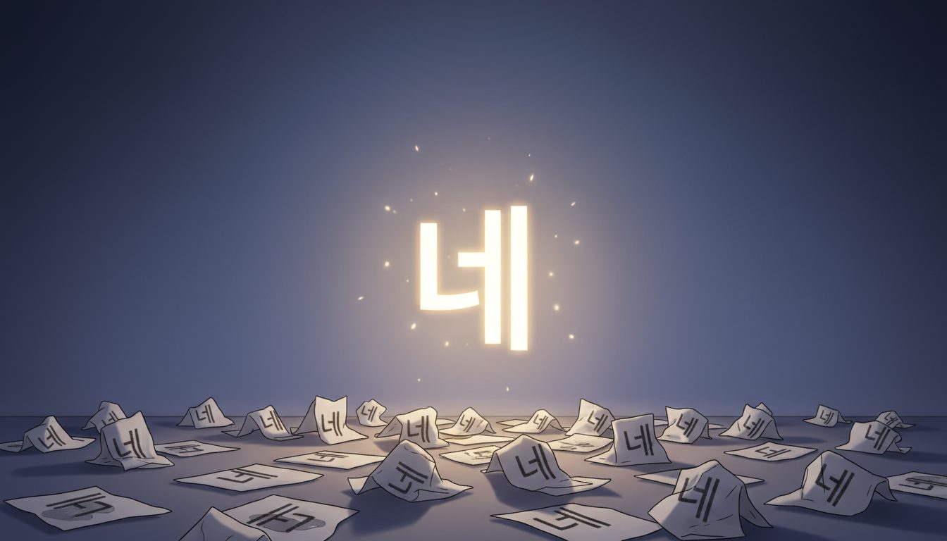 수많은 '네'라고 적힌 종이들 위로 밝게 빛나며 떠오르는 '네'라는 글자.