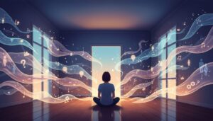 방 한가운데 앉아 있는 사람을 중심으로 다양한 아이디어와 영감을 상징하는 물결치는 빛들이 흘러나오는 모습.