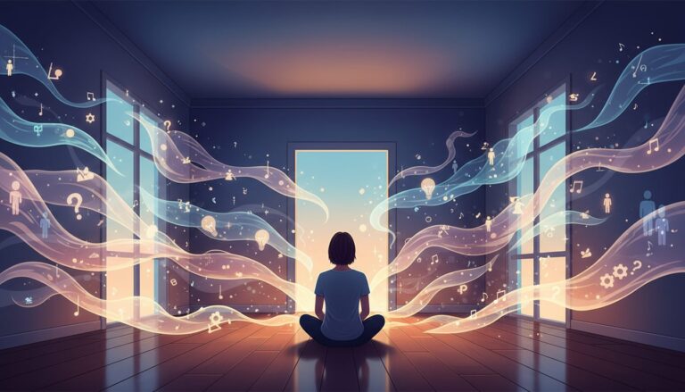 잠들기 전 머릿속을 떠도는 생각들 멈추는 법 2 방 한가운데 앉아 있는 사람을 중심으로 다양한 아이디어와 영감을 상징하는 물결치는 빛들이 흘러나오는 모습.