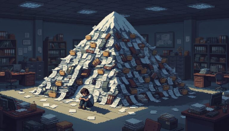 사무실 한가운데 서류 더미에 파묻혀 좌절한 듯 웅크리고 앉아 있는 사람의 픽셀아트 그림