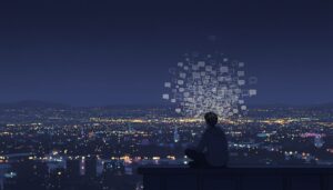 야경이 보이는 도시의 옥상에서 앉아있는 사람의 머리 위로 수많은 말풍선이 떠오르는 일러스트