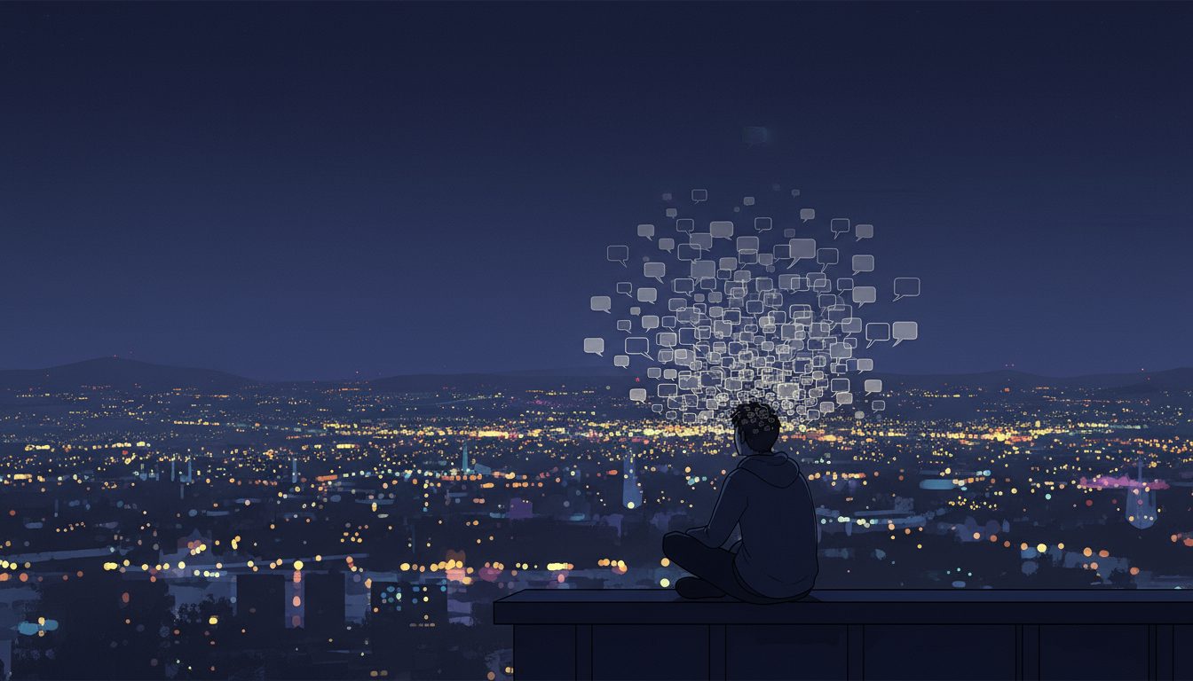 생각은 사실이 아니라는 것을 깨닫는 순간의 자유 1 야경이 보이는 도시의 옥상에서 앉아있는 사람의 머리 위로 수많은 말풍선이 떠오르는 일러스트