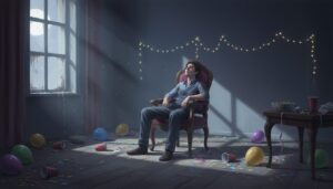 화려했던 파티가 끝난 후, 어지러워진 방에서 달빛을 받으며 의자에 앉아 깊은 생각에 잠긴 젊은 남자