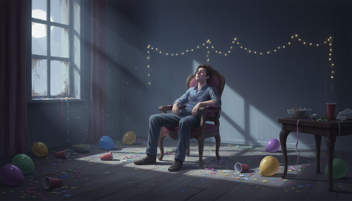 화려했던 파티가 끝난 후, 어지러워진 방에서 달빛을 받으며 의자에 앉아 깊은 생각에 잠긴 젊은 남자