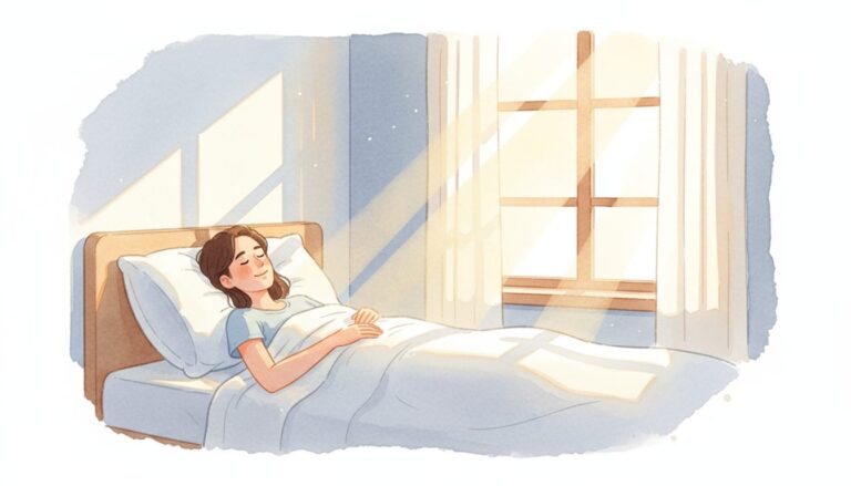 햇살이 쏟아지는 창가 침대에서 평화롭게 잠을 자는 여성의 수채화 그림