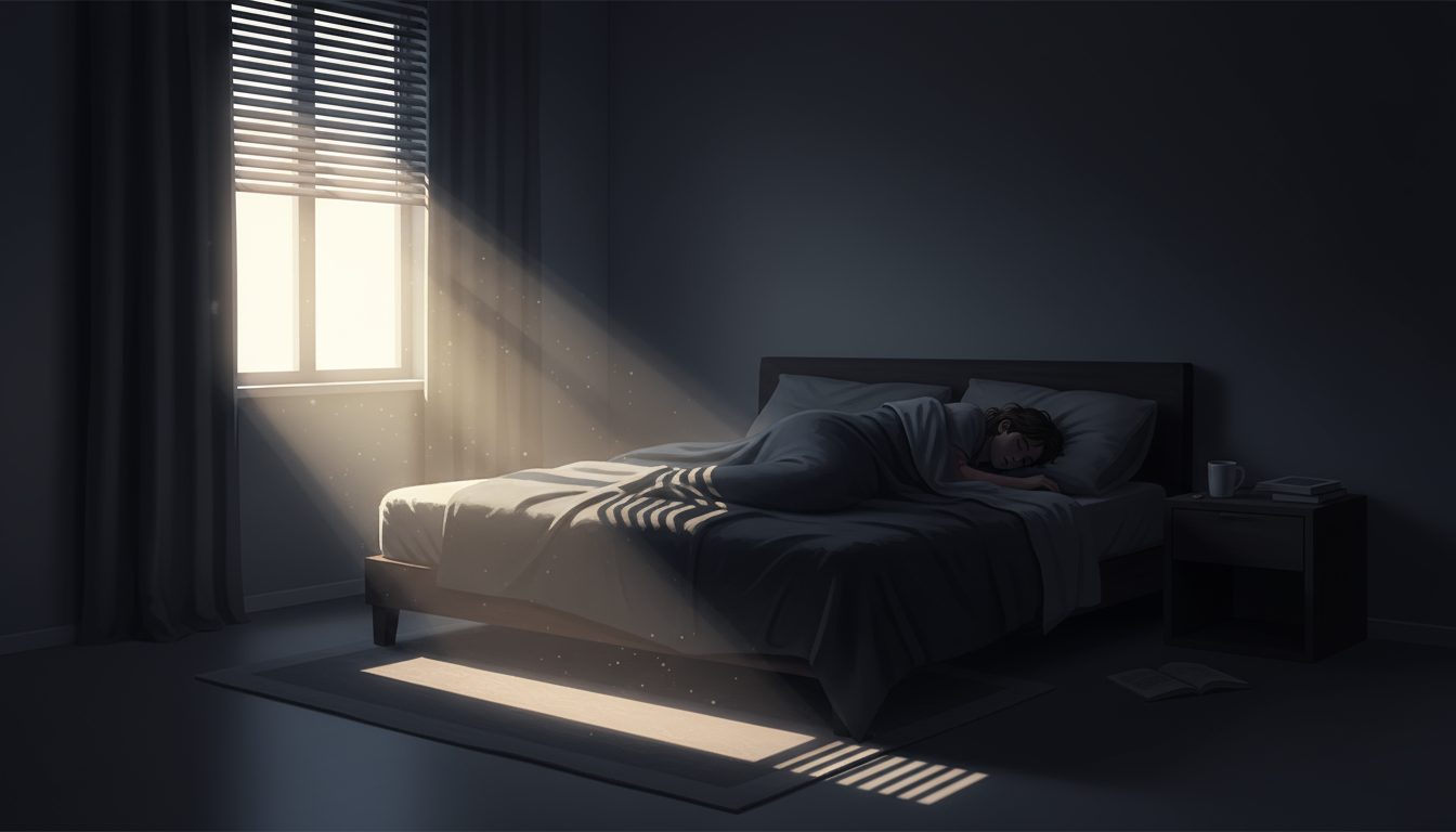 어두운 방 침대에서 잠든 사람에게 창문 블라인드를 통해 햇살이 비추는 평화로운 아침 풍경