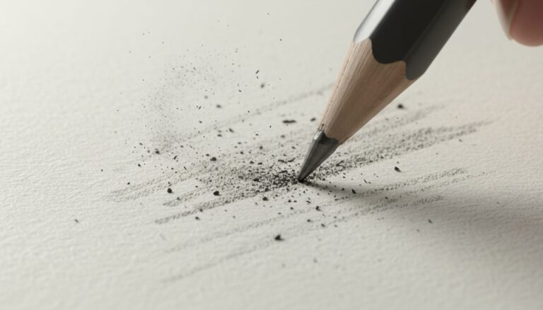 연필심이 종이에 닿아 부서지며 스케치 자국과 흑연 가루가 흩날리는 모습의 클로즈업