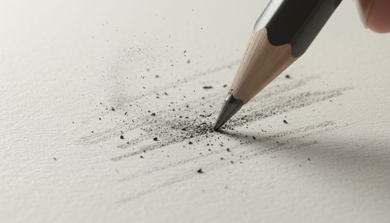 더 이상 생각에 끌려다니지 않는 연습 1 연필심이 종이에 닿아 부서지며 스케치 자국과 흑연 가루가 흩날리는 모습의 클로즈업