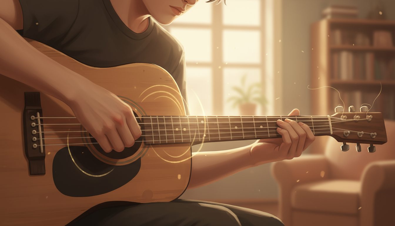 햇살이 비치는 거실에서 어쿠스틱 기타를 연주하고 있는 사람