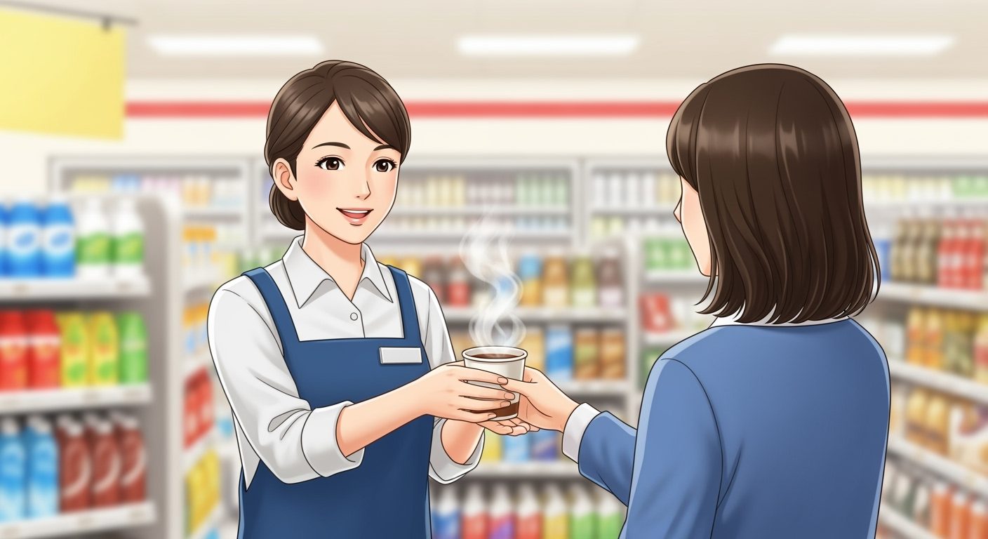 편의점 직원이 고객에게 따뜻한 음료를 건네는 모습