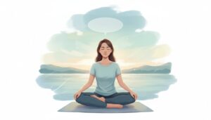 고요한 수변을 배경으로 요가 매트 위에서 편안히 앉아 명상하는 여성, 머리 위에는 생각이나 텍스트를 넣을 수 있는 빈 말풍선이 있다.