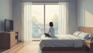 아침 햇살이 비추는 침실, 침대에 앉아 창밖의 풍경을 바라보며 사색에 잠겨 있는 사람의 뒷모습.