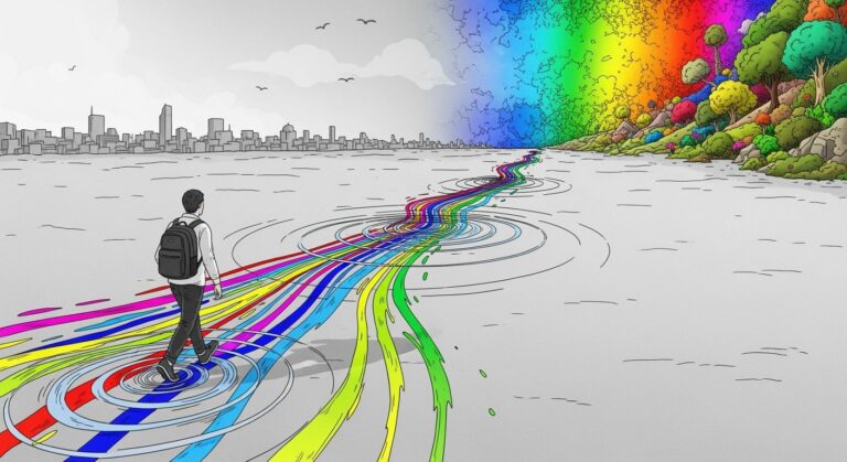 회색빛 도시를 떠나 다채로운 색깔의 길을 따라 컬러풀한 숲으로 향하는 사람의 뒷모습