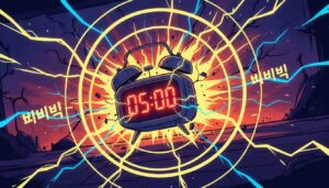 '삐비빅' 소리와 함께 빛과 전기를 내뿜으며 강력하게 울리는 디지털 알람시계.