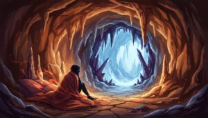 신비로운 동굴 속에서 붉은 망토를 두른 사람이 출구를 바라보며 앉아있는 판타지 일러스트