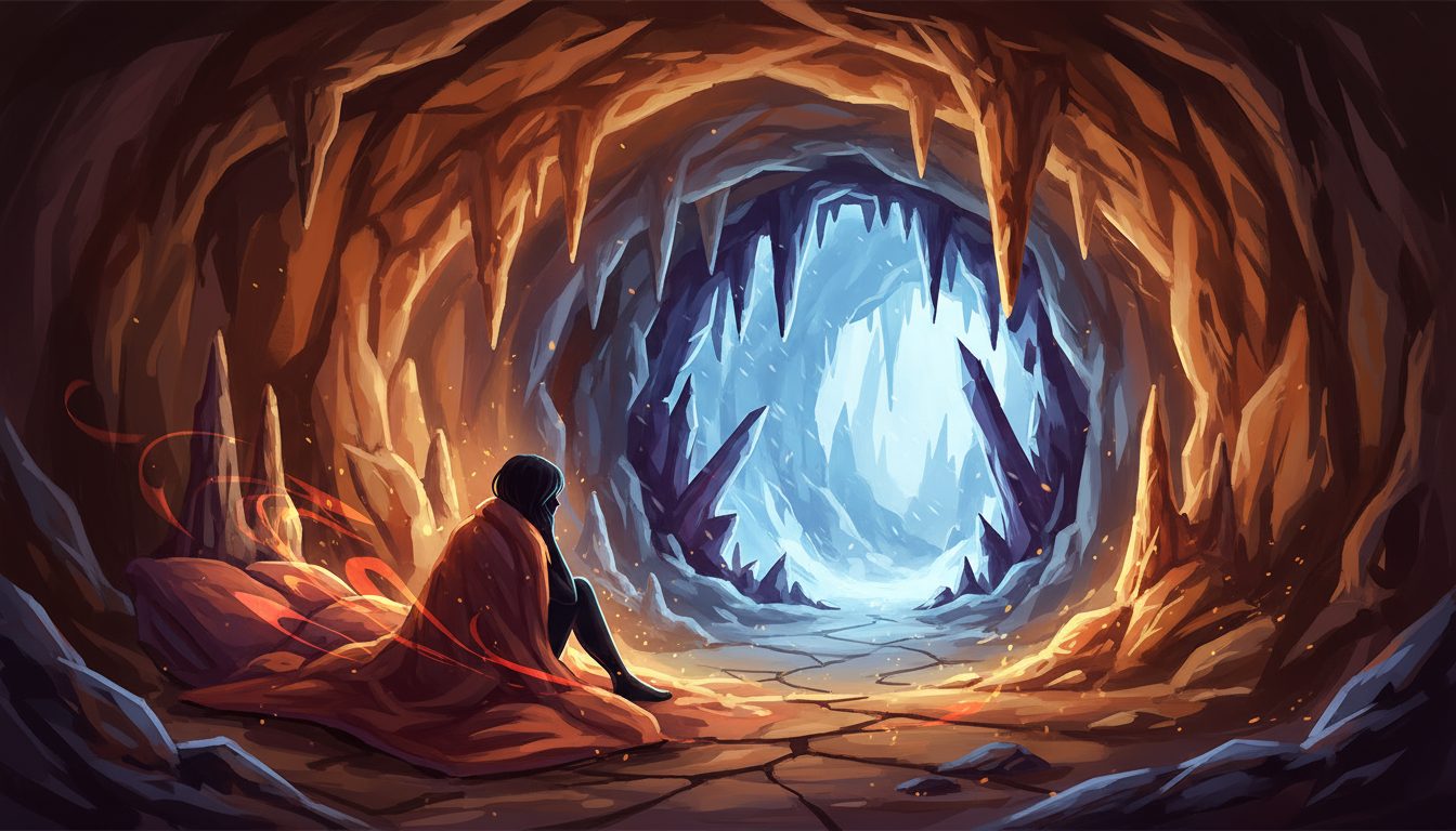 아침을 어떻게 보내느냐가 하루 전체를 결정한다 1 신비로운 동굴 속에서 붉은 망토를 두른 사람이 출구를 바라보며 앉아있는 판타지 일러스트