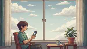 창가 의자에 앉아 스마트폰을 바라보며 창밖의 평화로운 풍경을 등지고 있는 사람의 픽셀아트 그림