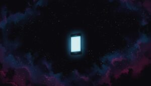 어두운 우주 공간을 배경으로 빛을 발하는 스마트폰이 떠 있는 추상적인 그림