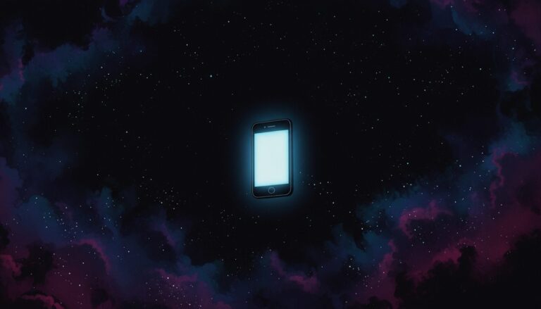 어두운 우주 공간을 배경으로 빛을 발하는 스마트폰이 떠 있는 추상적인 그림