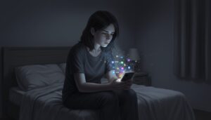 어두운 침실에서 스마트폰 화면을 응시하고 있는 여성, 스마트폰에서 빛과 함께 소셜 미디어 아이콘들이 뿜어져 나오는 모습.