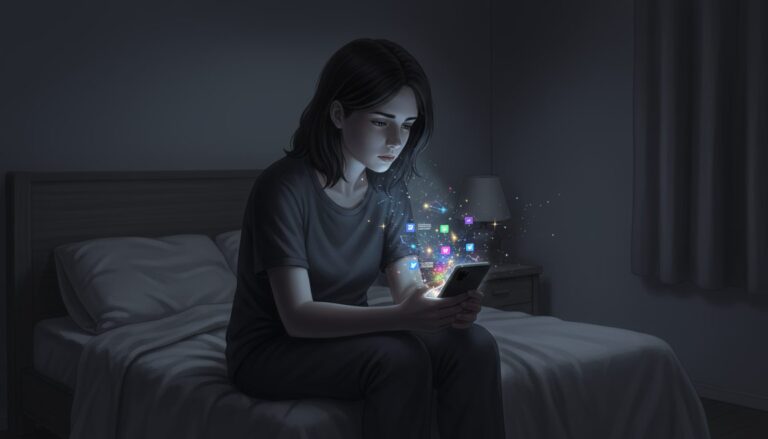 어두운 침실에서 스마트폰 화면을 응시하고 있는 여성, 스마트폰에서 빛과 함께 소셜 미디어 아이콘들이 뿜어져 나오는 모습.