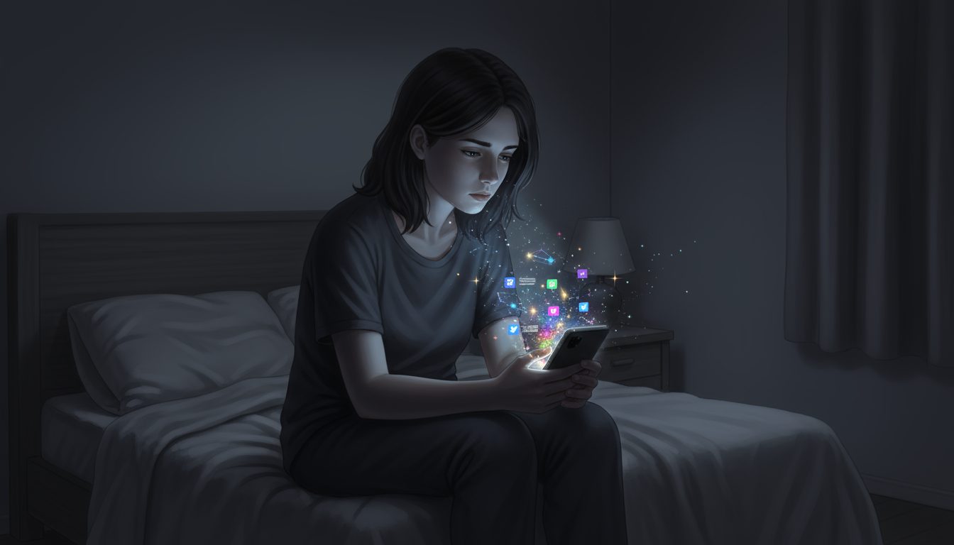 어두운 침실에서 스마트폰 화면을 응시하고 있는 여성, 스마트폰에서 빛과 함께 소셜 미디어 아이콘들이 뿜어져 나오는 모습.