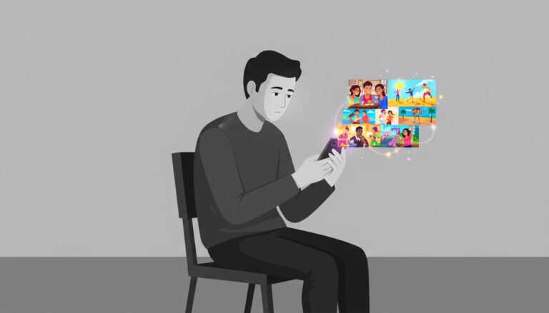 게으름과 무기력의 차이 나를 더 이상 자책하지 않는 법 2 의자에 앉은 남자가 스마트폰을 보며 고독한 표정을 짓고 있고, 화면 밖으로 행복한 사람들의 이미지가 떠오르는 모습