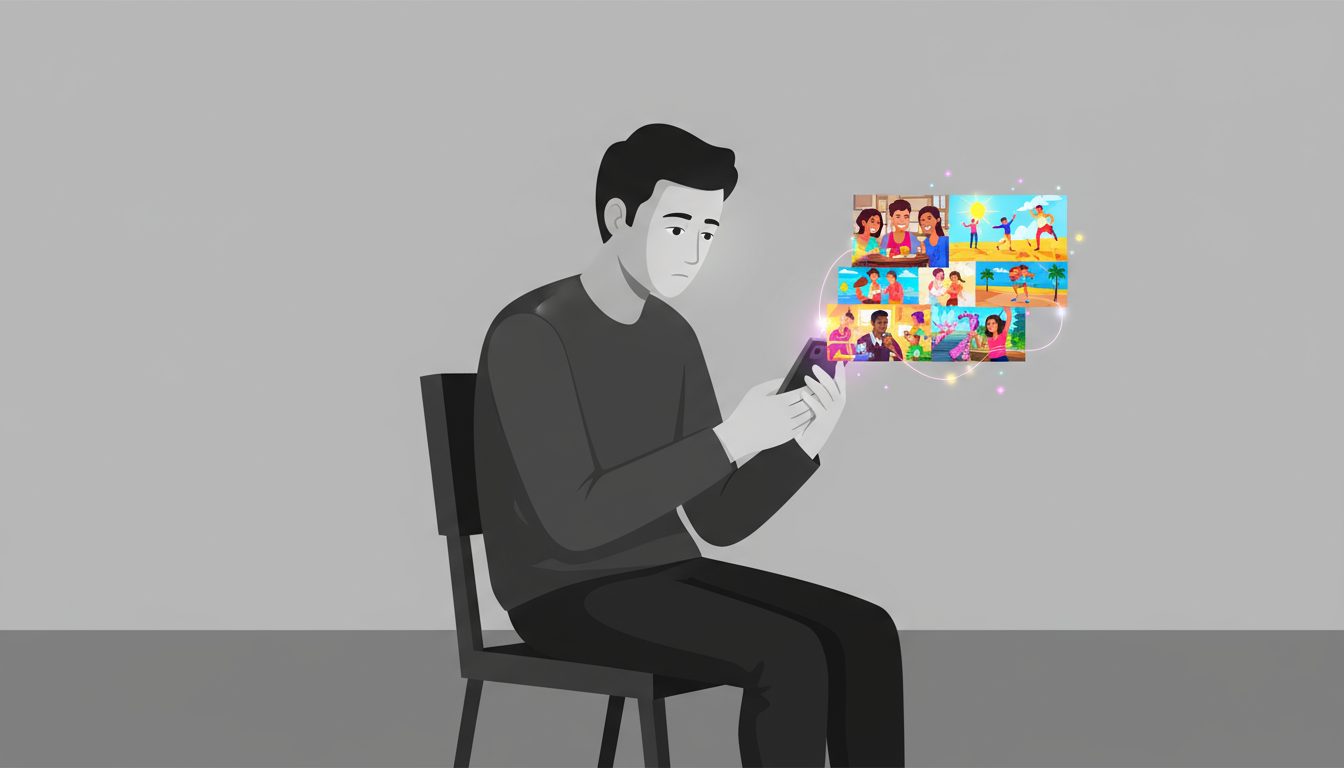 의자에 앉은 남자가 스마트폰을 보며 고독한 표정을 짓고 있고, 화면 밖으로 행복한 사람들의 이미지가 떠오르는 모습