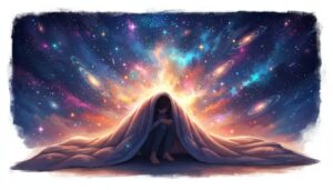 밤하늘의 수많은 별과 은하계 아래 이불을 뒤집어쓰고 웅크린 사람의 일러스트