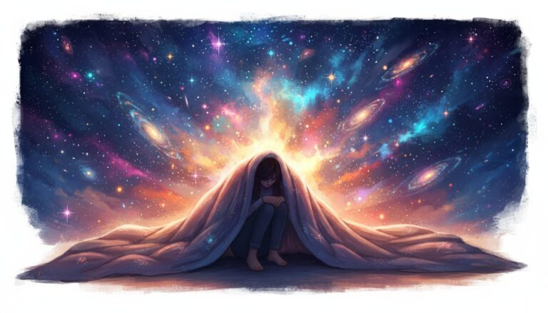 밤하늘의 수많은 별과 은하계 아래 이불을 뒤집어쓰고 웅크린 사람의 일러스트