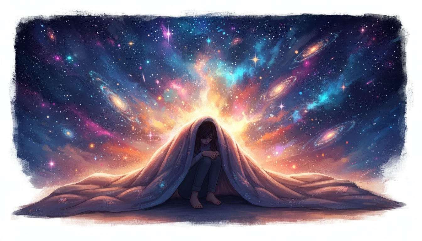 밤하늘의 수많은 별과 은하계 아래 이불을 뒤집어쓰고 웅크린 사람의 일러스트